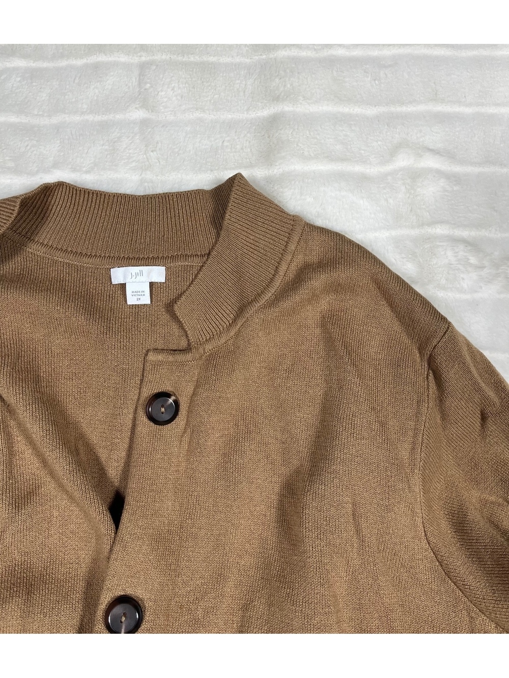 J. Jill 2X Tan Brown Mock Vicuna Button Patch Pocket Preppy Office Fall Cardigan
